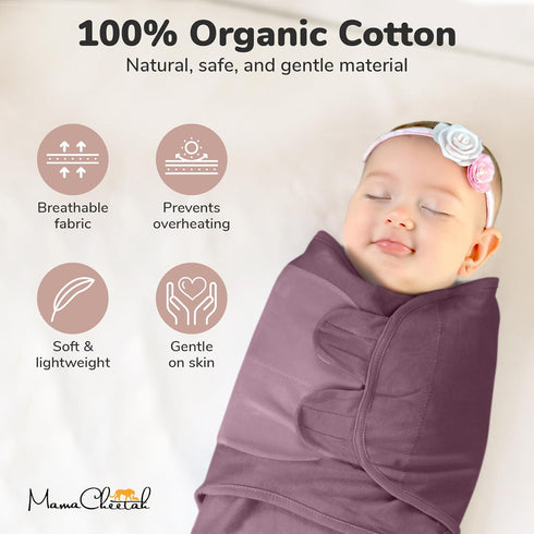 100% 3-Pack, 0-3 Mama Cheetah Organic Cotton Baby Swaddle Blanket with Zipper Newborn Sack, Baby Swaddles Sleep Sack
