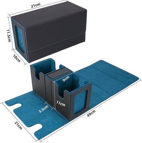 AFIING MTG Commander Card Storage Box, Fits 200 Double Sleeved Cards, 3-in-1 Card Deck Case, Black/Cyan