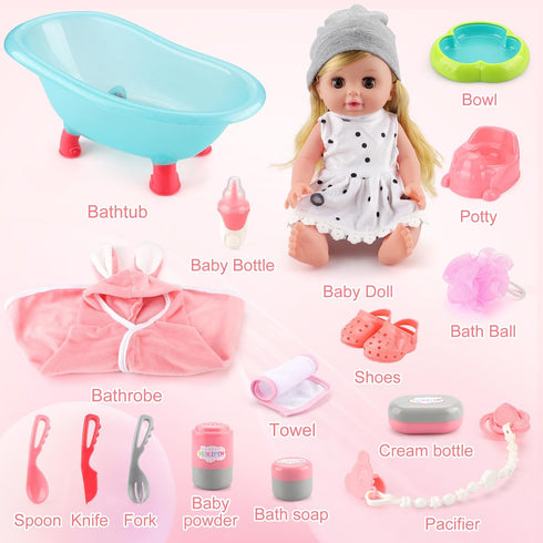 Set, 5 3 4 5 Set) SUKIPIN Baby Doll Bath Baby Dolls for Year Old Girls for Easter Basket Stuffers, Doll Bathtub Toys