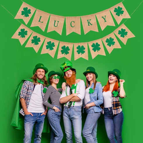 2 Pack St. Patrick's Day Shamrock Burlap Banner, Green Decor for Mantel Fireplace, Indoor Outdoor Party