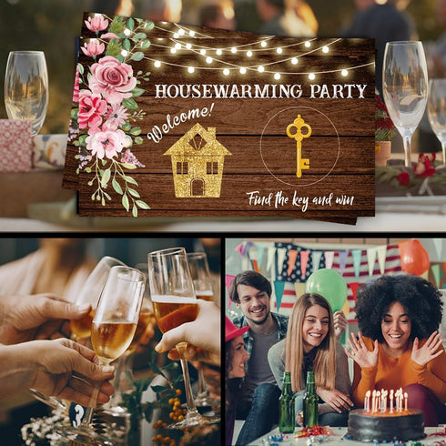 50 Pack Housewarming Scratch Off Game - Wood Grain Key Scratch Card for Rustic New Home Party