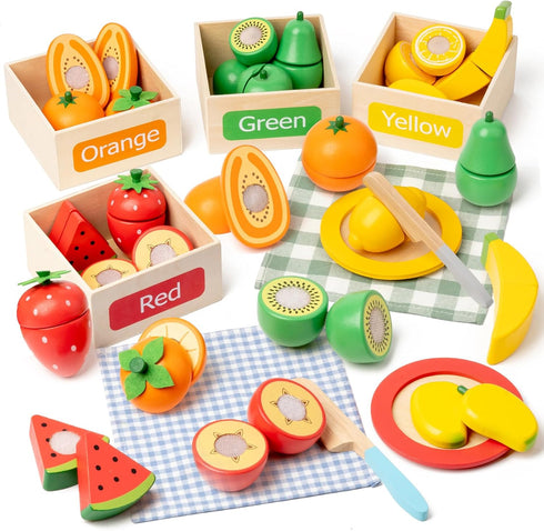 Wooden Play Food Sets for Kids Kitchen Accessories, Velcro Fruit and Veggies