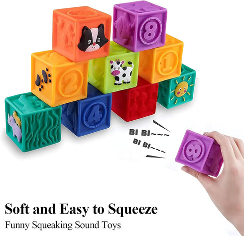 Kingtree Baby Blocks, 9PCS Soft Squeeze Building Blocks Stacking Toys for 6+ Months Babies, Educational Set