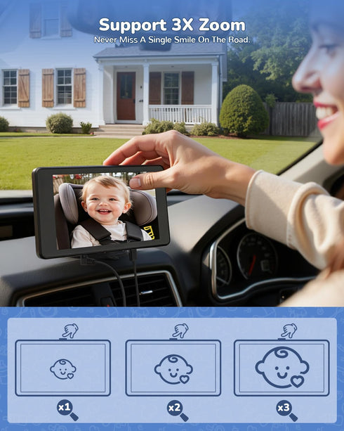 TOZING 5" 1080P 360 3X Baby Car Camera Monitor | IPS Suction Cup Screen - Rotation IR Night Vision Zoom - USB Powered