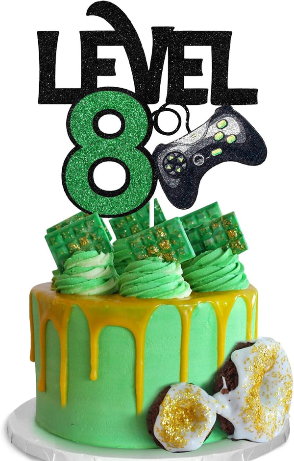 Level 8 Game Cake Topper - Video Game Boy's 8th Birthday Level Up Party Supplies, Gaming Party Decoration