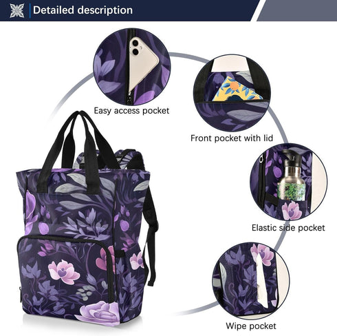 SPRIPORT Backpack Leaves Purple Florals Beautiful Diaper Bag for Baby Boys Girls Multifunction Travel Tote