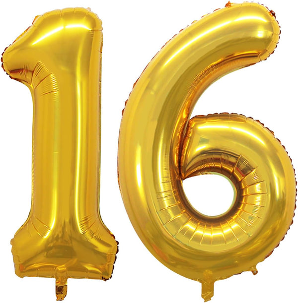 GOER Number 16 Balloons for 16th Birthday Sweet 16 Party Decorations, 42 Inch Jumbo Foil Helium Balloons (Gold)