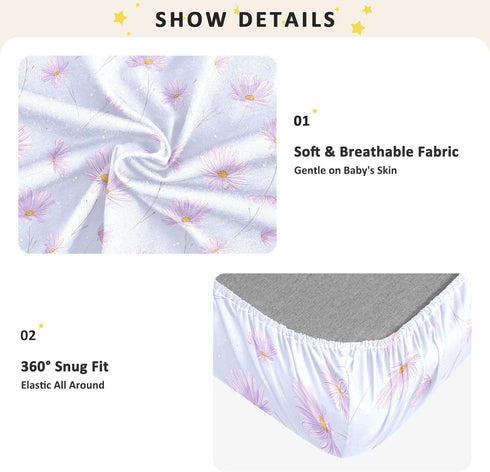miaozhen 1 Pack 52x28 Cotton Baby Crib Sheets Ultra Soft Daisy Flower Pastel Purple Playard Mattress Sheets for Nursery