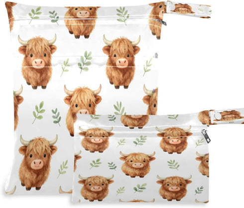 Haskirky Cute Highland Calf 2 Pcs Cloth Diaper Wet Dry Bags,Waterproof and Washable