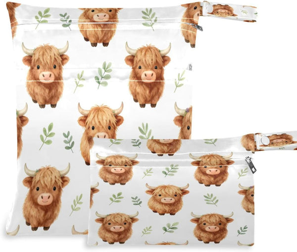 Haskirky Cute Highland Calf 2 Pcs Cloth Diaper Wet Dry Bags,Waterproof and Washable