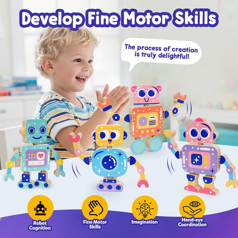 3-5,Montessori Robot Toys for Kids Wooden Learning Toy with Take Apart Features Robots,STEM Educational Play Fine Motor