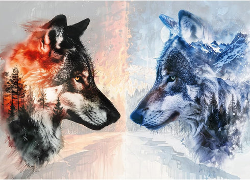 Bgraamiens Puzzle - Ice VS Fire - 1000 Pieces Fantasy Double Exposure Wolf Puzzle for Adults
