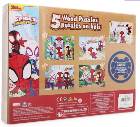 Disney Junior Marvel Spider-Man Spidey Amazing Friends - Set of 5 Wood Puzzles with Storage Box for Kids Ages 4+