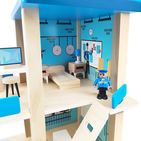 Wooden Police Station Playset Toy, Multicolor 3-Level Pretend Play Dollhouse Set with Figures