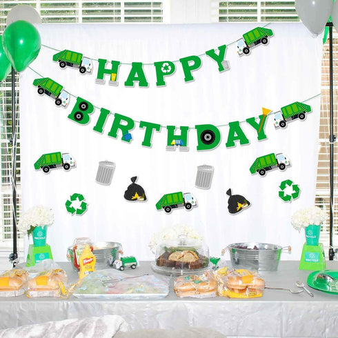 Bessmoso 3 Pcs Garbage Truck Birthday Decorations, Trash Truck Birthday Banner for Boys and Girls Baby Shower Parties