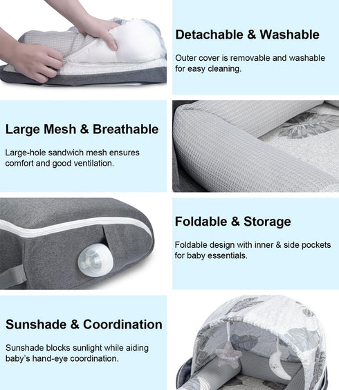 0-12 Baby Lounger, Portable Foldable Travel Lounger for Newborn Month, Washable Lightweight Infant Nest with Canopy