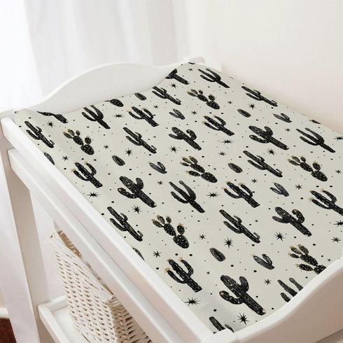 Boho Cactus Changing Pad Covers, Retro Black Golden Cactus Baby Changing Pad Sheets for Diaper Changing