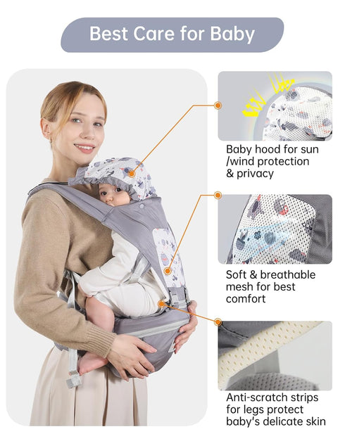 6 1 0-36 Baby Carrier with Hip Seat, in Baby Carrier Newborn to Toddler, Adjustable Infant Carrier with Hood, All