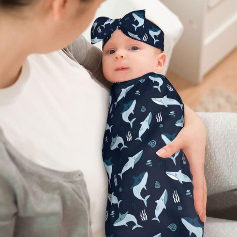 Osvbs Set Sharks Ocean Animal Baby Stuff Swaddle Blanket Wrap Baby Newborn Blanket Soft Stretchy with Headband Hat Gift