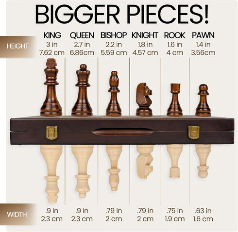 15" Set 2 Magnetic Wooden Chess - Folding Portable Travel Chess Board - Hand Carved Pieces - Foam Storage Slots - Extra