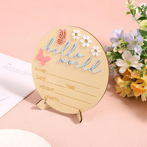 Penitue 15cm/5.9in 2) Hello World Newborn Sign, Wooden Baby Birth Name Announcement Sign with Bracket & Pen Newborn