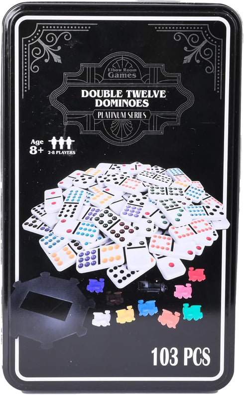 Elbow Set 91 10 2-8 Room Games Double Twelve Dominoes with Dominoes, Trains, Starter Piece, Storage Tin Perfect