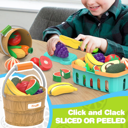 Sorting Play Food Sets - 2 Buckets with Handle, 1 Storage Basket, Fruit & Vegetable Cutting Toy for Preschool Learning