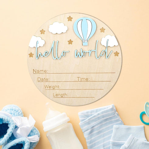 Gosknor Wooden Baby Announcement Sign, Hello World Newborn Birth Sign Welcome Baby Name Plaque for Home Hospital