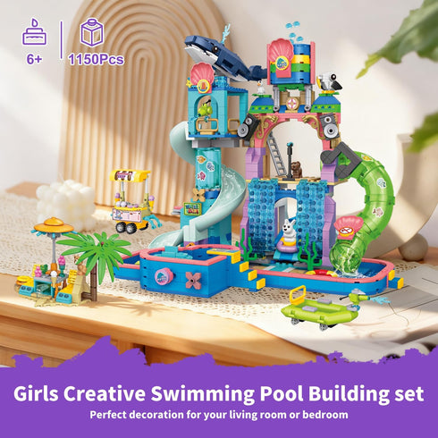 1150Pcs Set, Summer Swimming 6-12+ WinGift Friends Water Park Building STEM Fun Party Toy with Pool Slides,Water