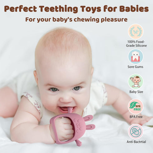 2 Packs Bunny Teething Toys for Babies 0-6 Months, 100% Food-Grade Silicone Teething Mitten, BPA Free, Red & Green