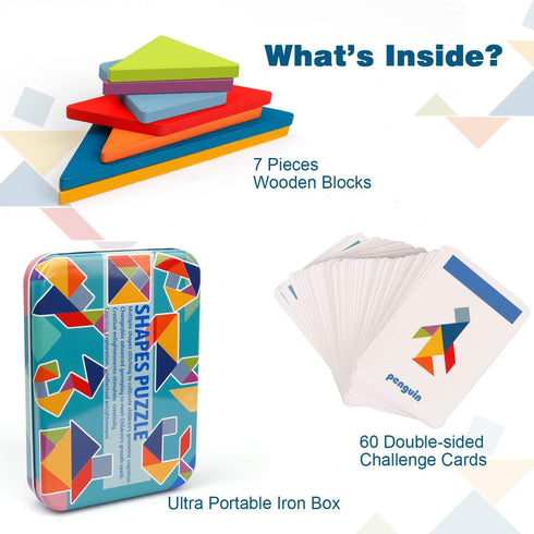 Vanmor Wooden Tangrams Sets, Educational Toy Pattern Blocks, Shape Card Brain Teaser Puzzles, Travel Games for Kids 4-8
