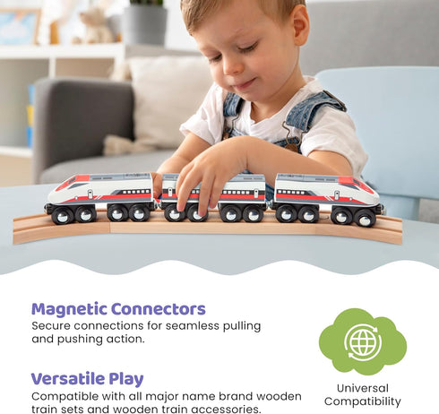 inc. Wooden Bullet Train, Wooden Train Set of 2 Modern Engines with Magnetic Connectors, Compatible with Thomas