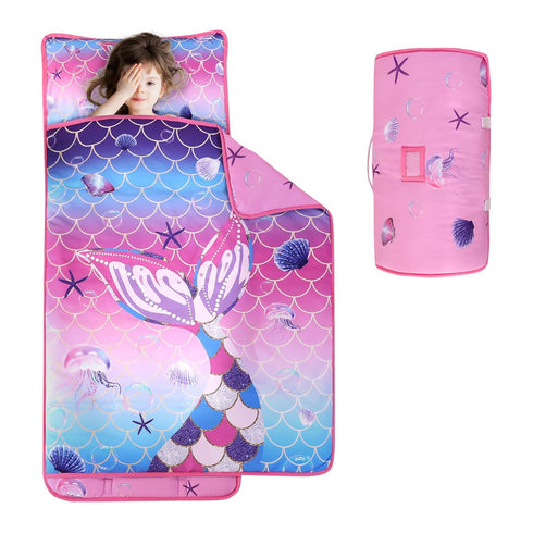 Wowelife Toddler Nap Mat Mermaid with Pillow, Pink Purple Mermaid Sleeping Bag for Girls, Preschool Nap Mats