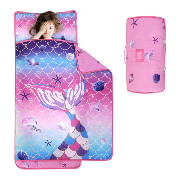 Wowelife Toddler Nap Mat Mermaid with Pillow, Pink Purple Mermaid Sleeping Bag for Girls, Preschool Nap Mats