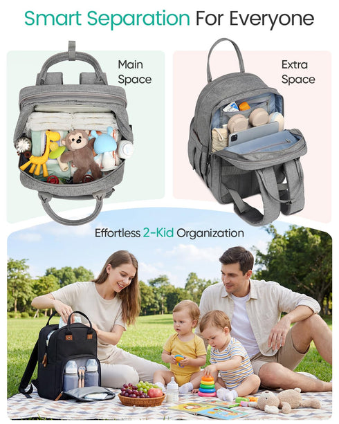 Backpack (26-36L), Qualyphant Extra Large Diaper Bag for Two Kids Twins - Expandable Baby Bag Dual Big Compartments
