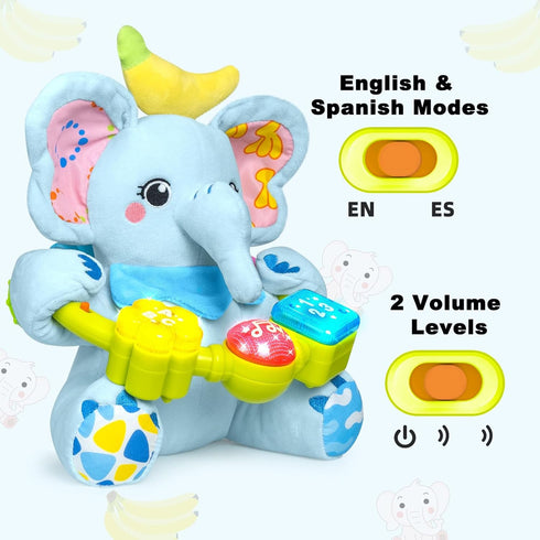 Ryotagift Crinkle,Tummy 0 3 6 9 12+ Baby Bilingual Musical Elephant Stuffed Animals Toys,Infant Early Learning Toy