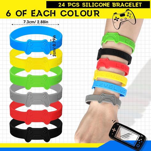 Skylety 72 Pcs Video Game Party Favor Set, Rubber Bracelets Stamps Video Game Acrylic Lobster Keychain Gamer Birthday Party Favors Supplies, Gift Bag Stuffer for Kids