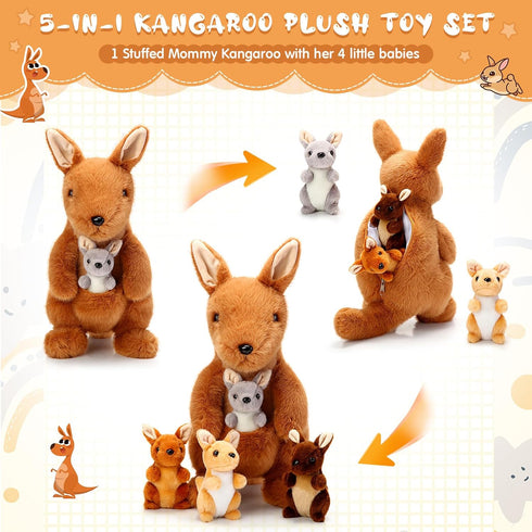 5 12 Inch Mommy 4 Arrowbash Pcs Kangaroo Stuffed Animals, Stuffed Kangaroo Plush Toy with Babies Insides, Kangaroos