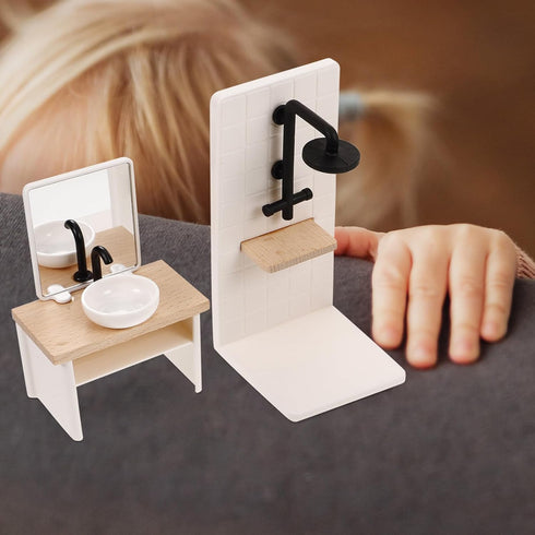 Toyvian 8pcs Dollhouse Bathroom Set: 1/12 Scale Toilet Bathtub Basin Wooden Bathroom Cabinet with Sink Miniature