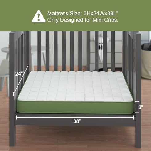 3" 38" Lx24 Mini Mattress, W Premium Foam Mattresses, Soft Pure Cotton Breathable Cover Fabric, Waffle Grid