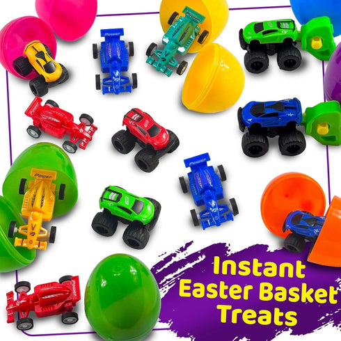 stargo 8 Pack 3.2" Colorful Prefilled Easter Eggs bulk with Racing Mini Car Vehicles - Pull Back Cars | Plastic Easter