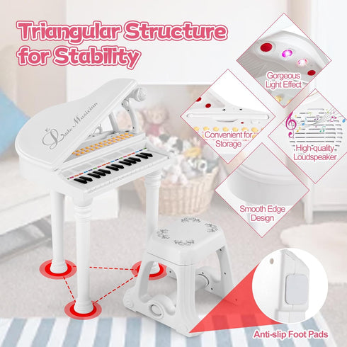 31-Key 31 HONEY JOY Classical Kids Piano, Toy Mini Grand Piano with Music Stand & Stool, Portable Electronic