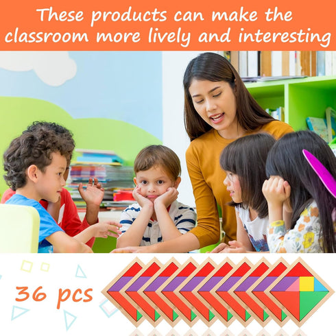 36 Pieces Wooden Tangrams Puzzles by Shappy for Students Party Favors, Geometric Pattern Blocks for Educational