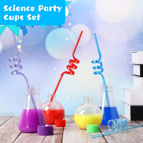 Tanlade 32 Pieces Science Party Theme Cups Set with Plastic Reusable Conical Flask Bottles, Silly Loop Straws