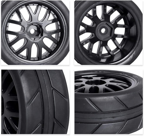 Pre-Glued OD 2.56" 12mm Hex Wheels Rims & Rubber Tires - 26mm for 1/10 Scale On Road Racing Car, Set of 4