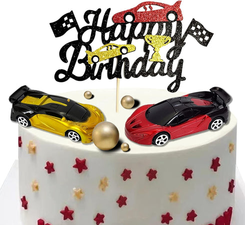 Cars Cake Topper Model Racing Car with Chequered Flag - Sports Themed Birthday Party Decor for Boys Kids