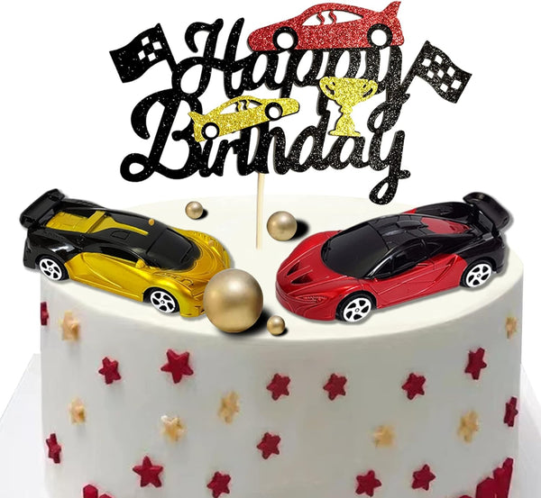 Cars Cake Topper Model Racing Car with Chequered Flag - Sports Themed Birthday Party Decor for Boys Kids
