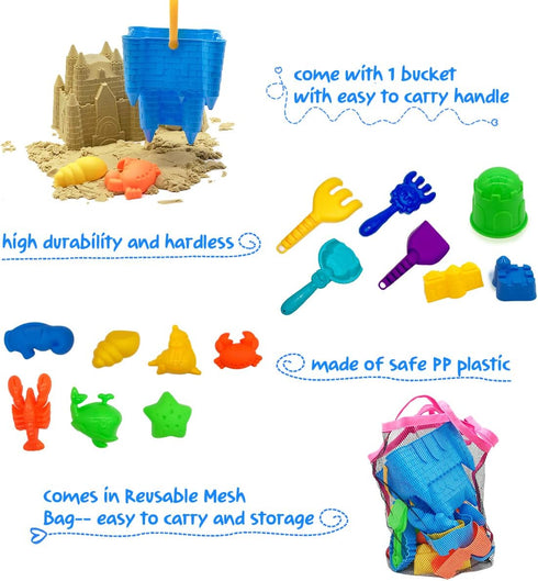 Beach Sand Toys for Kids, 27pcs Castle Molds, Bucket, Shovel Tool Kit, Sandbox Toys for Toddlers, Bonus Mesh Bag