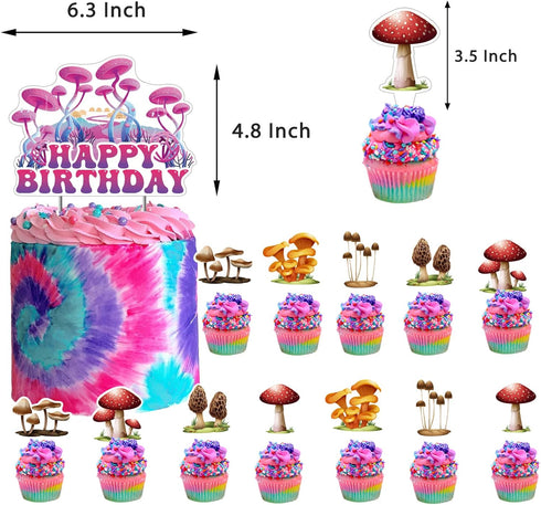Mushroom Happy Birthday Party Decorations - Includes Backdrop, Banner, Cake Topper, Cupcake Toppers, Balloons