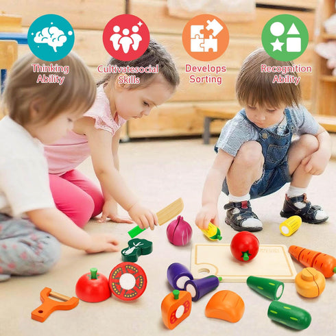 Set Set Wooden Play Food for Toddlers Toys Pretend Play Kitchen Accessories Veggies Cutting for Kids Gift for Boys